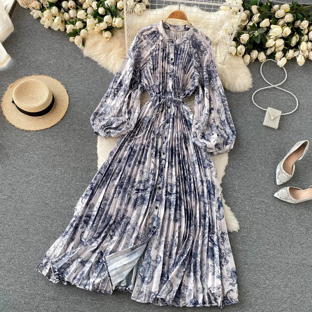 Retro Print Elegant Pleated Lace-up Chiffon Long Sleeve Dress A-line Blouse French Casual V-neck High Waist Women Summer Dresses