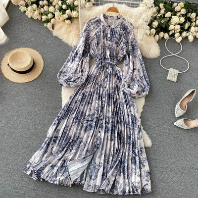 Retro Print Elegant Pleated Lace-up Chiffon Long Sleeve Dress A-line Blouse French Casual V-neck High Waist Women Summer Dresses