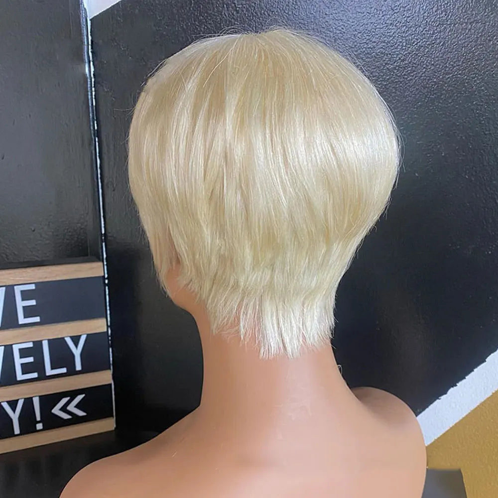 Short Blonde Wig with Bangs Short Pixie Cut Wig Human Hair 613 Blonde Human Hair Wig for Women Full Machine Party Cosplay Wigs