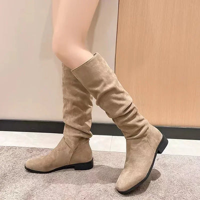 Women's fashion boots stylish round-toed designer high boots, simple nude pleated plus-size women's boots for autumn and winter