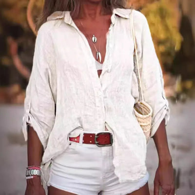 Women Cotton Linen Blouse Shirt Summer Female Turn Down Collar Three Quarter Loose Blouse Tops Woman shirts & blouses