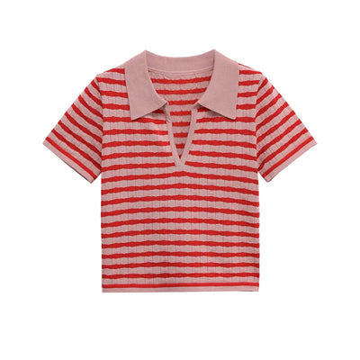 Summer polo collar stripe knit t shirts women 2 pc sets short sleeve knitwear casual high waisit wide leg pants suits female