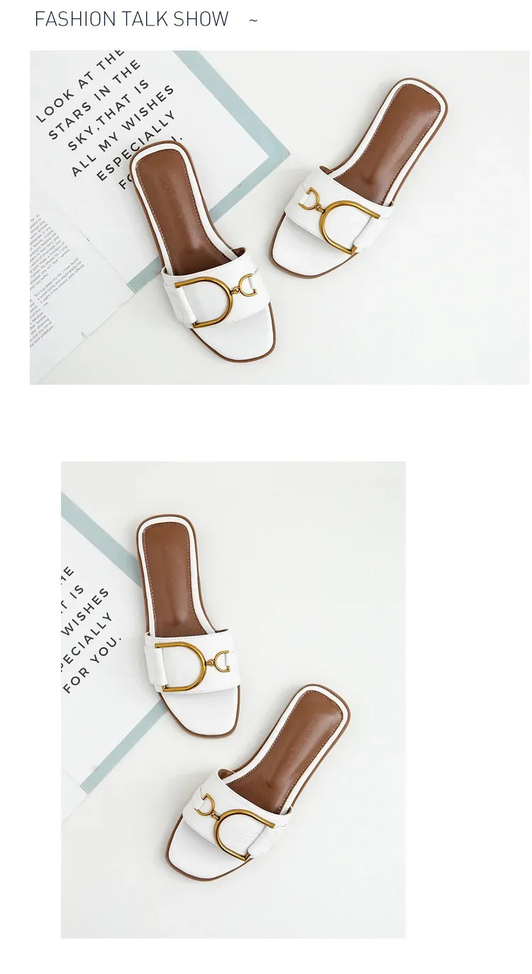 Summer Women Slippers Leather Square Toe Women Flats Flip Flops Designer Ladies Slides Sandals Women Shoes Luxury Sandals