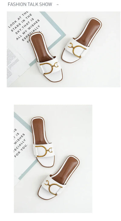 Summer Women Slippers Leather Square Toe Women Flats Flip Flops Designer Ladies Slides Sandals Women Shoes Luxury Sandals