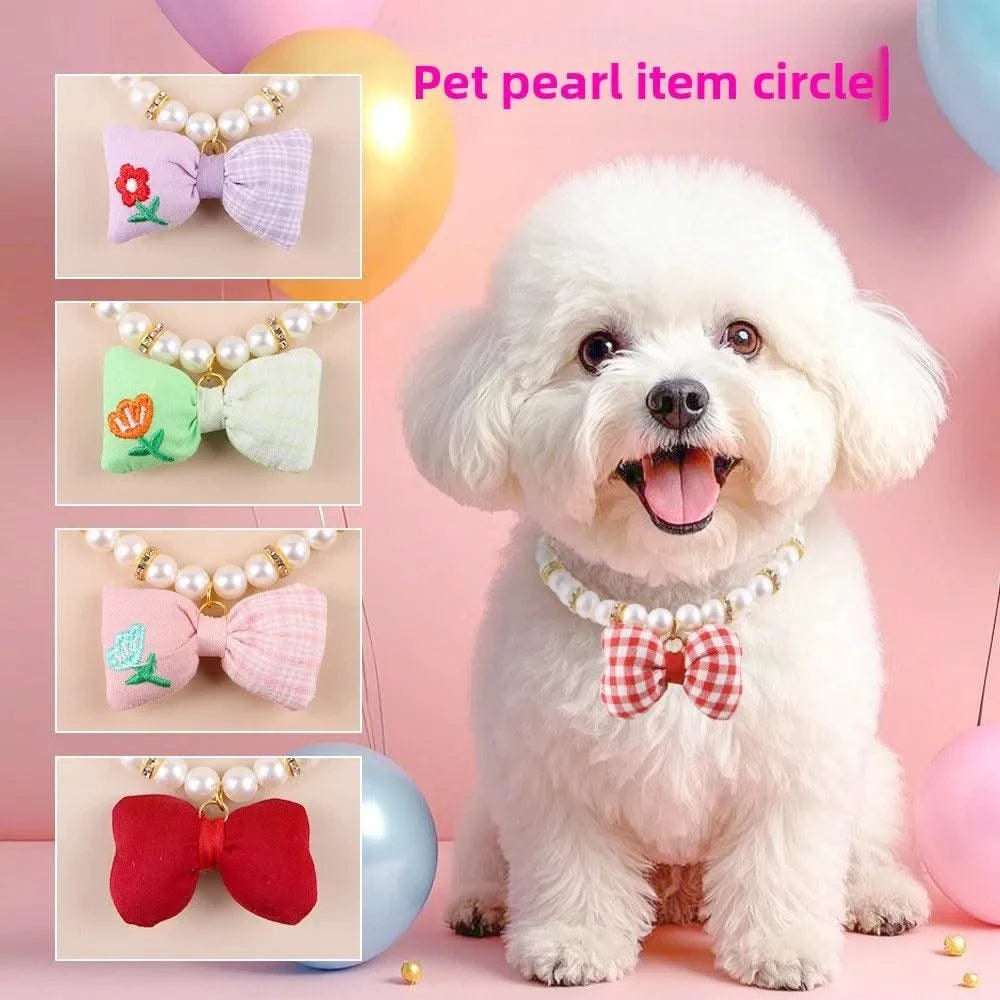 Pet Dog Accessories Bow Pet Necklace Decoration, Pearl Pet Collar Cat Dress Up Necklace