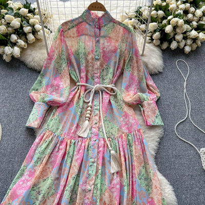 Long Dress Women Dresses A Line Chiffon Vestidos Stand Collar Streetwear Floral Print Elegant Splice Y2k Party Night High Waist