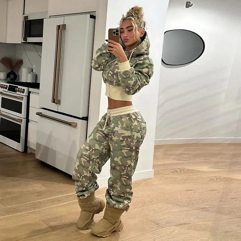 Camouflage Print Loose Casual 2 Piece Set Women Tracksuits Full Sleeve Zipper Hooded Sweatshirts Top + Wide Leg Pants Suits