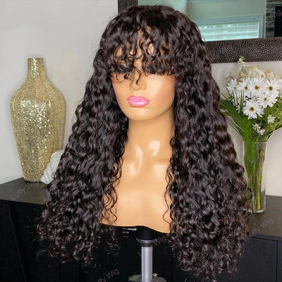 Curly Wig With Bangs Kinky Curly Human Hair Wig With Bangs Full Machine Made Frontal Wig 12A Water Wave Virgin Human Hair Wigs
