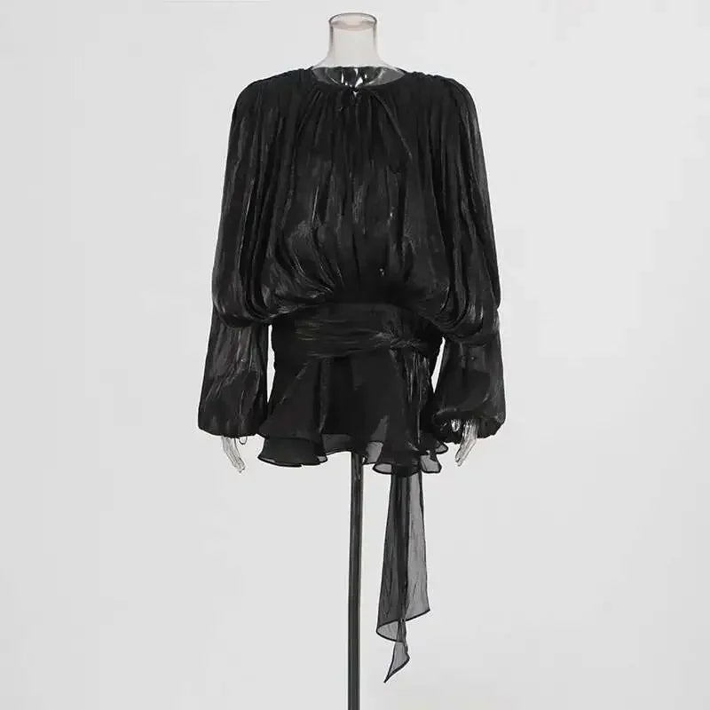 TWOTWINSTYLE Solid Blouse Mini Dresses For Women V Neck Long Sleeve Spliced Lace Up Sweet Style Dress Female Clothing Fashion
