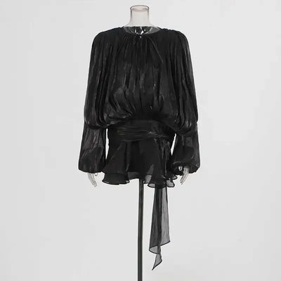 TWOTWINSTYLE Solid Blouse Mini Dresses For Women V Neck Long Sleeve Spliced Lace Up Sweet Style Dress Female Clothing Fashion