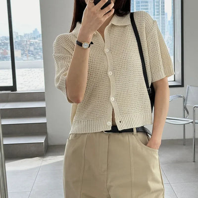 Women's Shirt Knit Solid-colored Short-sleeved Sweaters Tops All-match Pullovers T-shirt Polo-neck Crop Tops Girl's Tees Summer