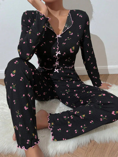 2PCS Loungewear Sleepwear Womens Lace Floral Printed Tops Pants Sets Nightwear Pajamas Lingeries Robes