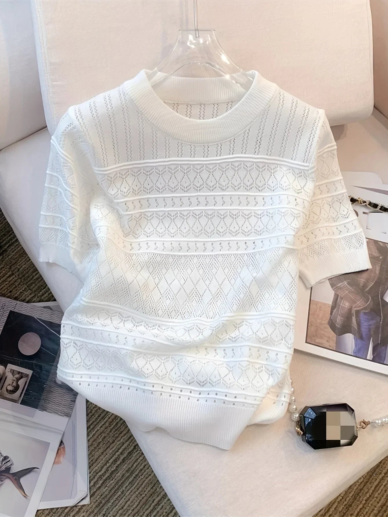 Women's T-Shirts Summer Thin Hollow Out Crew Neck Pullover Sweater Versatile Short Sleeve Knitted Top Women's Clothing