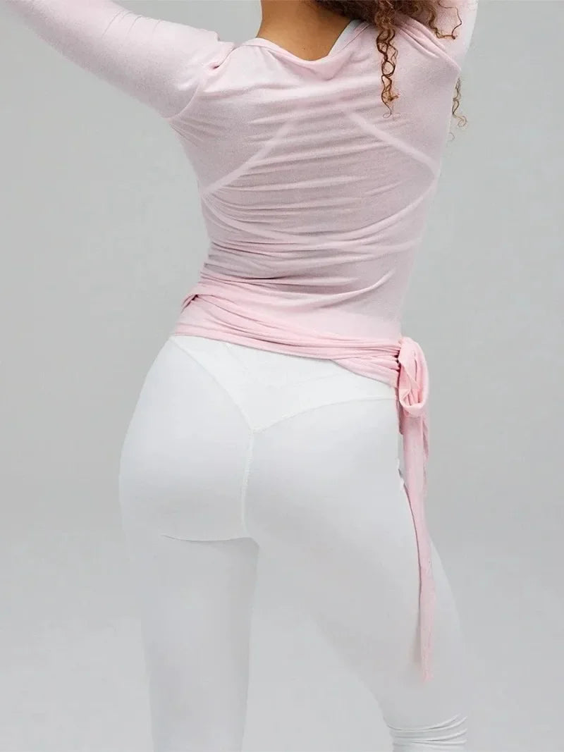Women's Yoga Shirts Wrap Ruched Tie Front Long Sleeve Workout T Shirts Sexy Deep V Neck Slim Fit Casual Cropped Top