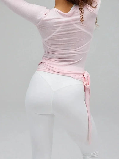 Women's Yoga Shirts Wrap Ruched Tie Front Long Sleeve Workout T Shirts Sexy Deep V Neck Slim Fit Casual Cropped Top