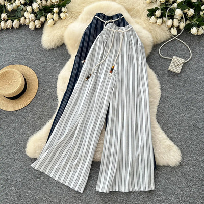 Pant Women Wide Leg Long Pants Striped Casual Loose High Waist Straight Trousers Y2k Streetwear Elegant Splice Work 2025 Capris