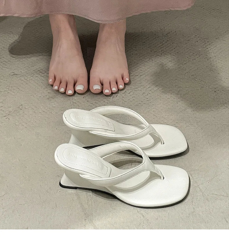 Women High-heeled Slippers 2025 Summer Clip Toe Flip Flop Fashion Pumps French Wedge Sandals Square Toe Ladies Shoes Sandalias
