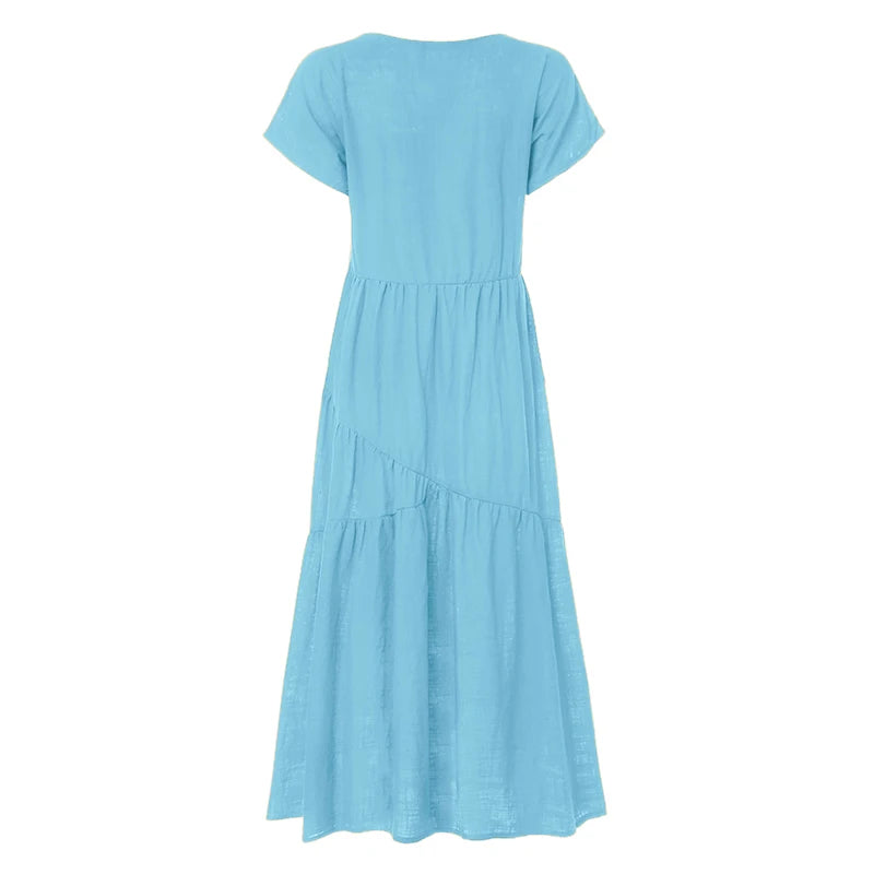 Bohemian Summer Dress for Women V Neck Vestidos Ladies Streetwear Solid Ruffle Dresses Asymmetrical Loose Robe Women Clothing