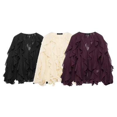 Ruffles Elegant Shirts & Blouses for Women 2025 Long Sleeve Semi-Transparent Tops For Women Spring Shirt And Blouse Top