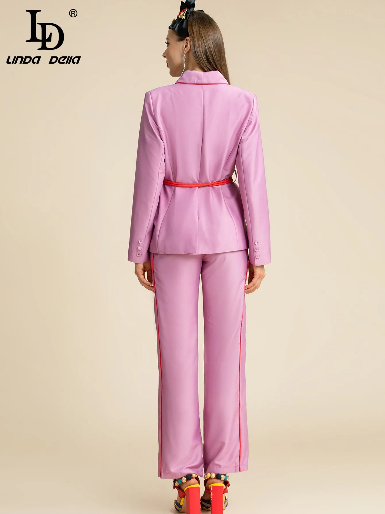 LD LINDA DELLA Fashion Designer Autumn Purple Pants Suit Women's Slim Long sleeve Belted Blazer and Pants Two Pieces Sets