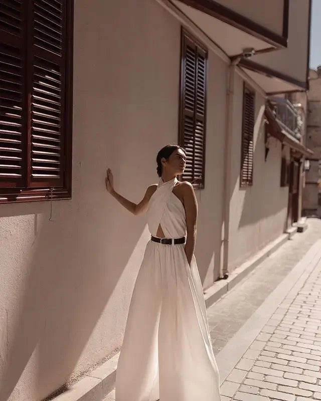 Women Sexy Backless Jumpsuits Halte Sleeveless Slim High Waist Sping Summe Thin Lady Elegant Streetwear Long Wide-leg Pants