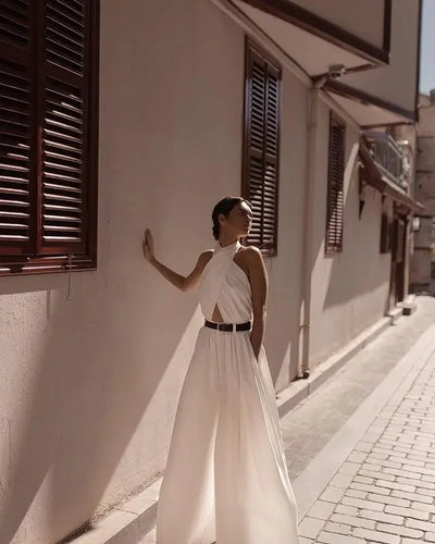 Women Sexy Backless Jumpsuits Halte Sleeveless Slim High Waist Sping Summe Thin Lady Elegant Streetwear Long Wide-leg Pants