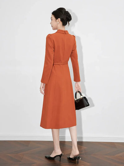 Dresses For Women 2024 Luxury Brand Autumn Long Dress Women's Turn-down Collar Sleeves Single Breasted Sashes Office Lady