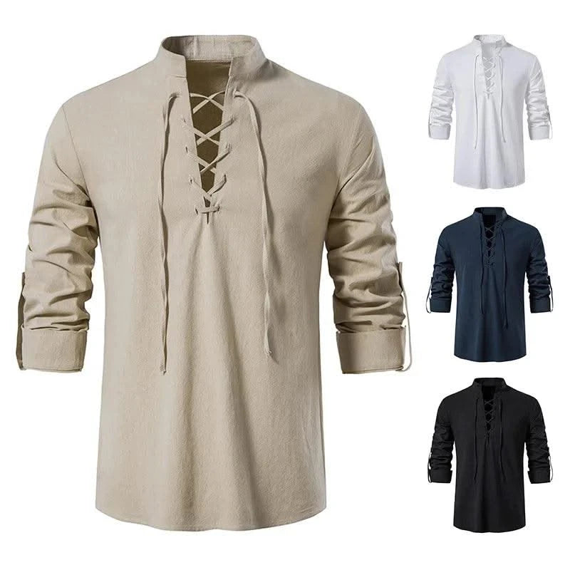 Happyjeffery Mens Cotton Linen Shirt Henry Collar with Drawstring Men Man Long Sleeve Beach Shirts Man Designer Cloth LS51