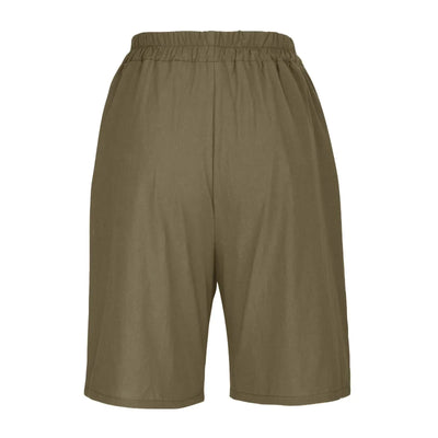 Women's Fashion Solid Color Cotton Linen Shorts - Loose Elastic Waist Capris with Pocket and Button Up Design