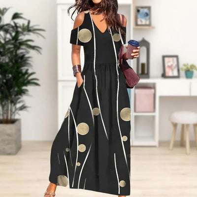 Women Summer Dress Flower Print Hollow Out Short Sleeves V Neck Dress-up Pleated Off Shoulder Soft Maxi Dress Women Clothes
