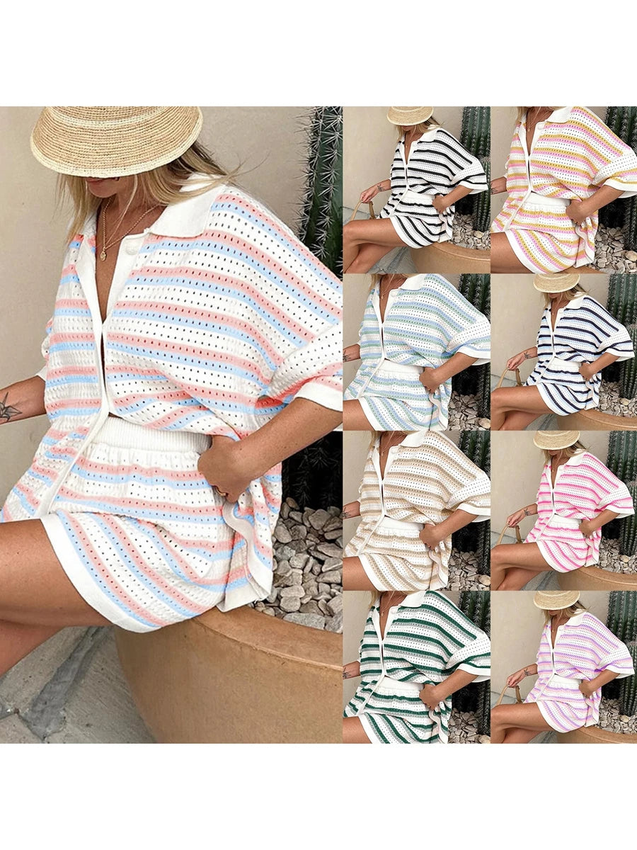 Women Pajamas Set 2 Pieces Loungewear Suits Summer Striped Contrast Color Button Crochet Knit Tops and Shorts Lounge Sets Beach