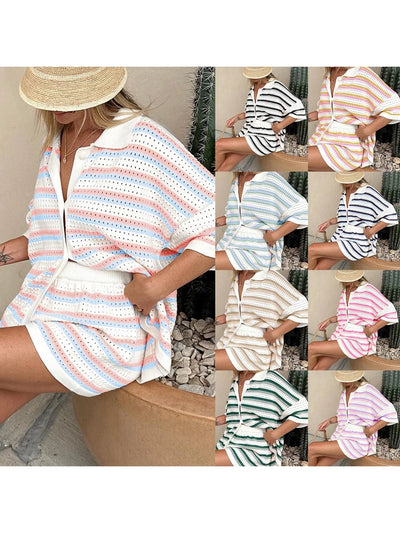 Women Pajamas Set 2 Pieces Loungewear Suits Summer Striped Contrast Color Button Crochet Knit Tops and Shorts Lounge Sets Beach
