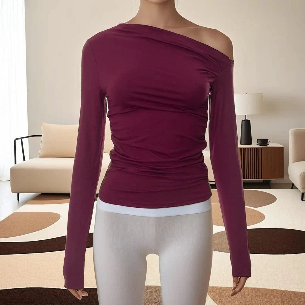 Women Ruched Off-shoulder T-shirt Cropped Tops Slim Skew Collar
