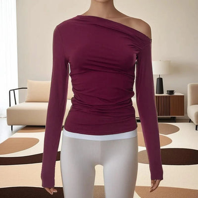 Women Ruched Off-shoulder T-shirt Cropped Tops Slim Skew Collar