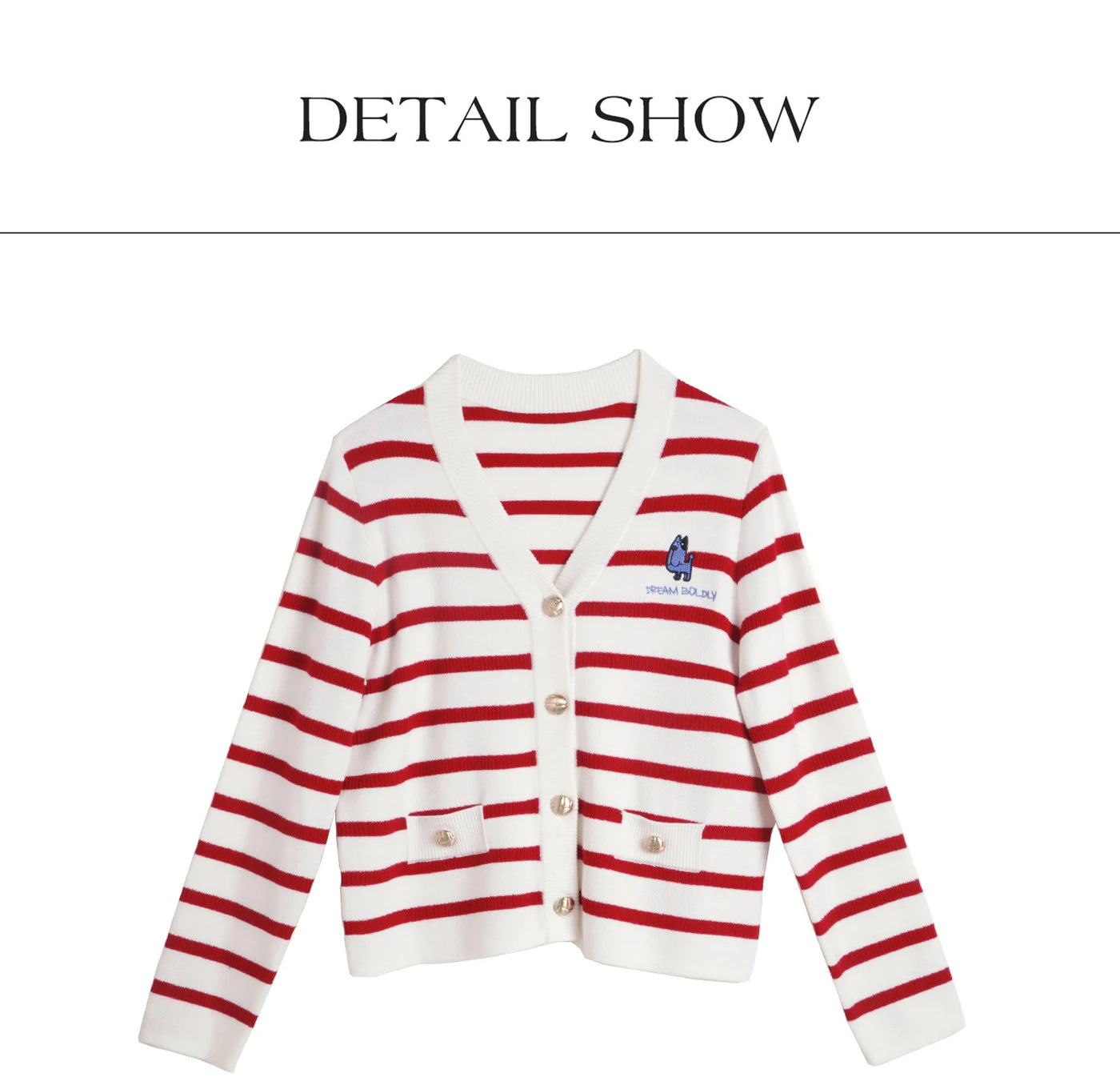 OLrain Wool Blend Striped Cardigan Women 2025 Spring Commute Embroidery V Neck Long Sleeve Chic Button Knitwear M56QZ86390