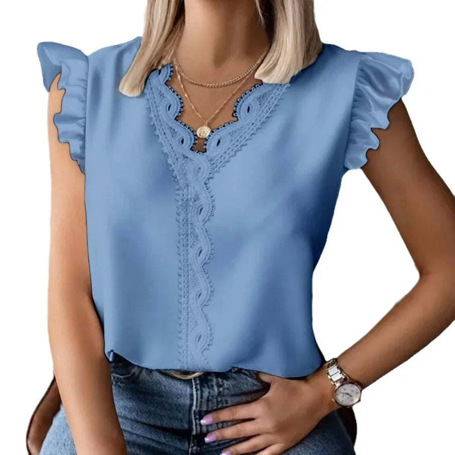 Sexy V Neck Sleeveless Lace Patchwork Blouse Shirts Summer Women Ruffle Loose Blouse Tops SZE-ST24019