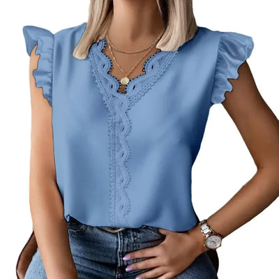 Sexy V Neck Sleeveless Lace Patchwork Blouse Shirts Summer Women Ruffle Loose Blouse Tops SZE-ST24019