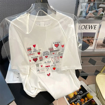 Street Fashion Heart Print T Shirt Women White Tshirt Street Rock Women Tops Hip Hop Tees