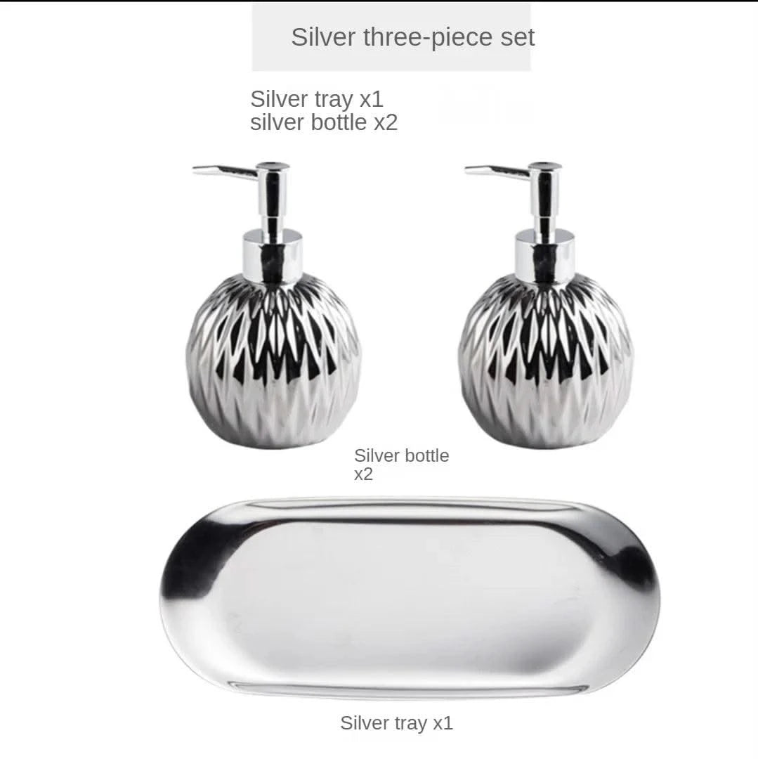 Luxury Gold Soap Dispenser with Press handle  Ceramic Dispenser Silver Dispenser with stainless steel Tray Bathroom Accessory