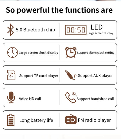 Wireless Bluetooth 5.0 Speakers For Computers Wooden Alarm Clock Display Sound System Player with AUX TF FM Radio Subwoofer Box