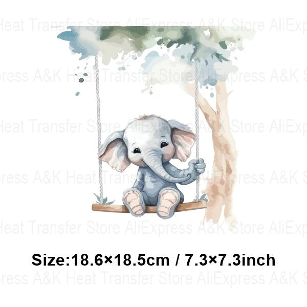 Baby Animal On Swings Heat Transfers For Kids Clothing Elephant Tigers Lion Stickers On Clothes Diy Thermal Patches Decals