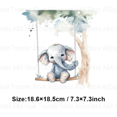 Baby Animal On Swings Heat Transfers For Kids Clothing Elephant Tigers Lion Stickers On Clothes Diy Thermal Patches Decals