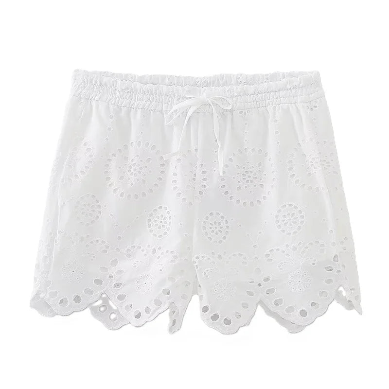2025 Women's New Shorts Summer White Cutout Sexy Shorts Embroidered Trims Casual Fashion Personality Versatile