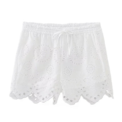 2025 Women's New Shorts Summer White Cutout Sexy Shorts Embroidered Trims Casual Fashion Personality Versatile