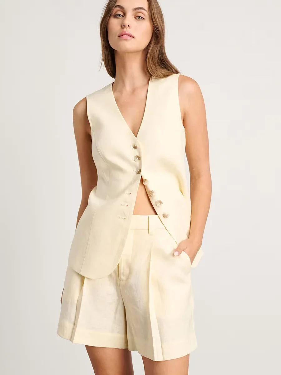 Cotton and Linen Chic Casual Vest Shorts Set Women Summer New Fashion Commuter Sleeveless Single Breasted Tank Top Shorts Suits