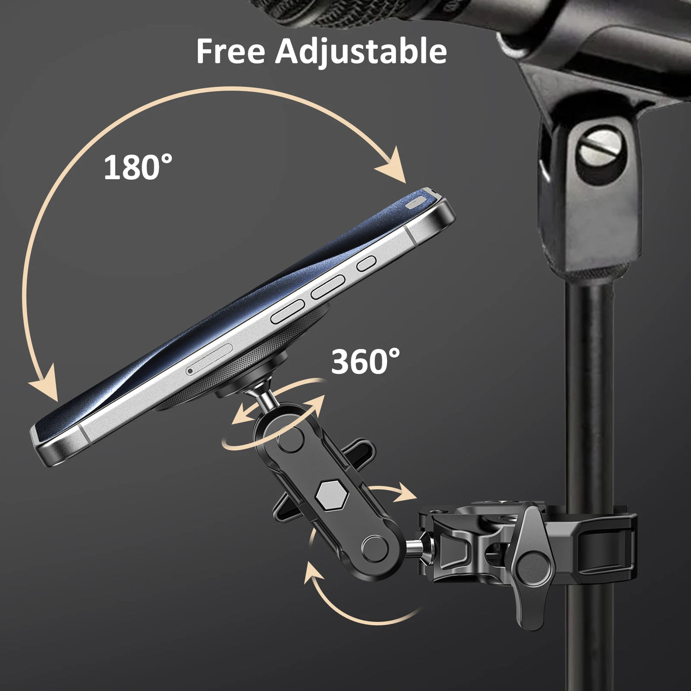 All-Metal Magsafe Phone Holder with Heavy-Duty Adjustable Clamp - Secure Magnetic Mount for Spin Bikes/mic Stands/handlebars