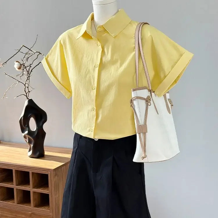 Women Clothing Summer Fashion Casual Button Solid Color Polo Collar Female Simplicity Temperament Appear Thin Short Sleeve Tops