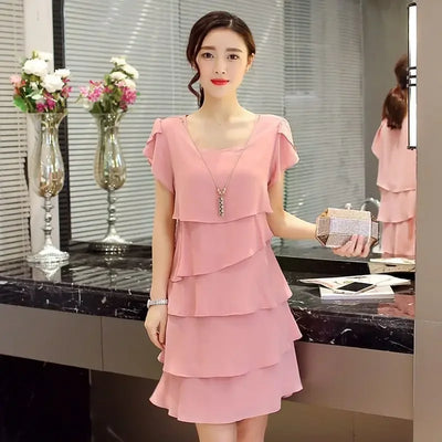 2025 Dress For Women Summer Wave Cut Ruffle Sweet Solid Short Sleeve Slim Dresses Lady Casual All-match Vestido O-Neck Chiffon - Elanique