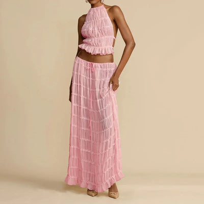 2025 Women Summer Loungewear Suits, Halter Short Top Maxi Skirts 2PCS Matching Sets, White Color Fashion Backless Ladies Outfit