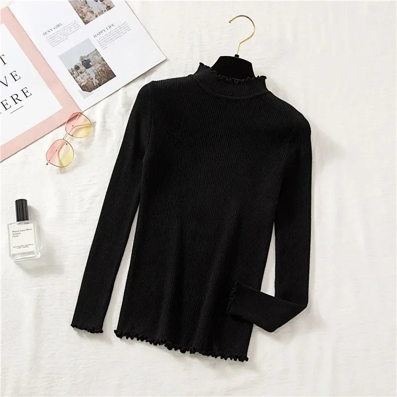 Mock Neck Clothes Knitted Woman Sweaters Pullovers Autumn Winter Basic Women's Jumper Slim Somen's Sweater Pull Long Sleeve